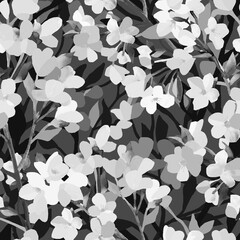 Seamless botanical pattern with spring flowers and branches of fruit trees in black and white style