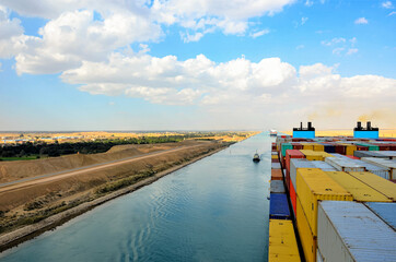 Container ship transiting through Suez Canal.