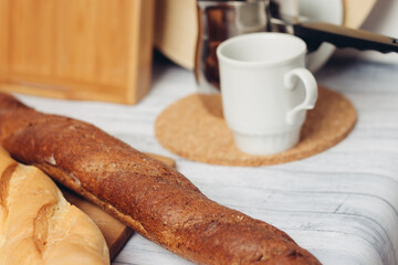 fresh baked loafs in the kitchen bread bin meal