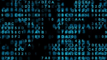 Hexadecimal big data digital code running through black and blue mainframe in a futuristic information technology computer.