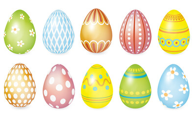 Set of 3d realistic painted Easter eggs on isolated background.