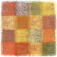 Fluffy carpet, rug, plaid, mat with weave square elements in red, yellow, green, grey colors isolated on white