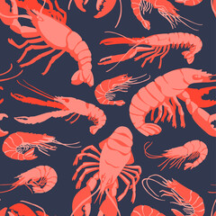 Decorative vector seamless pattern with drawn marine arthropod crustaceans.