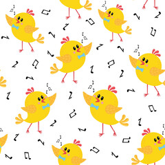 Pattern of chickens singing on a white background
