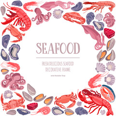 Seafood poster. Decorative frame with shrimps, lobsters, salmon, mussels, crabs, scallops, oysters and baby octopuses.