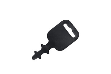 Black label holder on a white background.