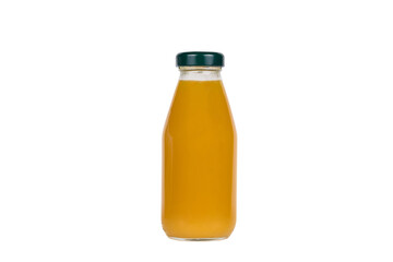 Glass bottle with peach juice on white background