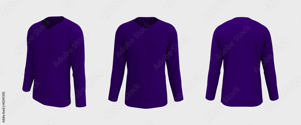 Sticker men's long-sleeve t-shirt mockup in front, side and back views, design presentation for print, 3d il