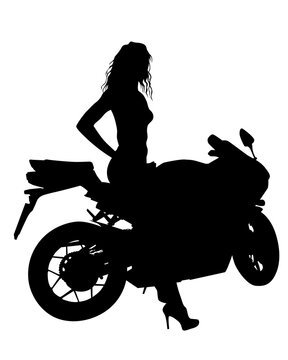 Beauty women on sports motorcycle. Isolated silhouette on a white background