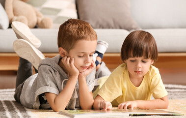 Cute little boys reading book at home