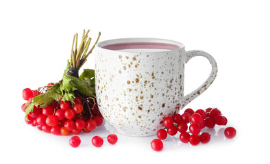 Cup of healthy viburnum tea on white background