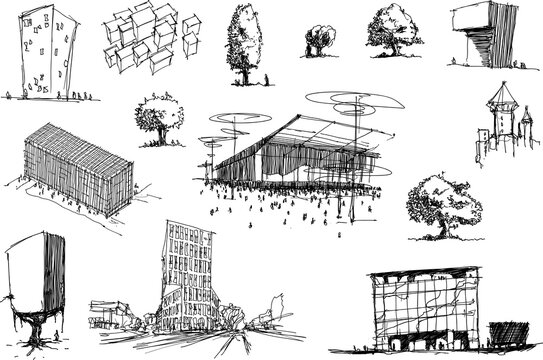 many hand drawn architectectural sketches of a modern abstract architecture and detached houses and urban ideas and trees
