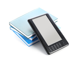 E-reader and stack of books on white background
