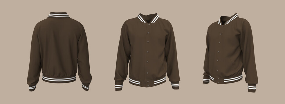 Varsity Jacket mockup in front, side and back views. 3d illustration, 3d rendering