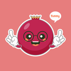 Cute and kawaii pomegranate cartoon character isolated on color background vector illustration. Funny positive and friendly emoticon face icon. Happy smile cartoon face food emoji, comical fruit
