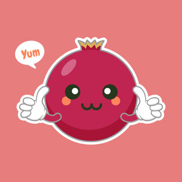 Cute and kawaii pomegranate cartoon character isolated on color background vector illustration. Funny positive and friendly emoticon face icon. Happy smile cartoon face food emoji, comical fruit