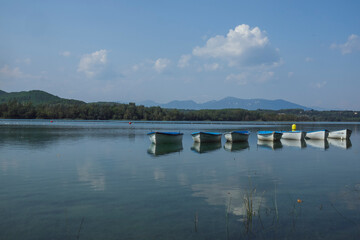 boats on the lake of banyolas, girona, catalonia,