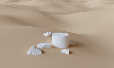 Cylindrical product display stand in outdoor. Cosmetic product mockup scene. 3d rendering