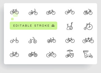 Bicycle types vector linear icons set. Outline symbols pack with editable stroke. Collection of simple 20 bicycle types icons isolated contour illustrations. bmx, touring, dirt, female bike. © 300_librarians