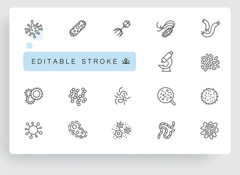Bacteria, Microbe and Virus Vector Line Icons Set. Viral and Bacterial Infection, Colony of Bacteria, Petri Dish. Coronavirus, COVID-19. Outline symbols pack. Editable Stroke.