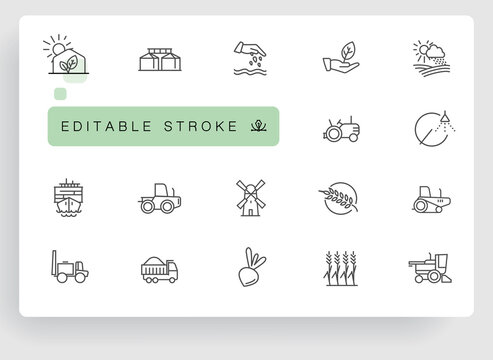 Agricultural machinery and agribusiness vector icons set. Agriculture Farming and horticulture equipment outline symbols pack. Tractor combine harvester isolated contour illustrations. Editable stroke