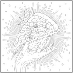 Fantasy shining slice pizza. Learning and education coloring page illustration for adults and children. Outline style, black and white drawing
