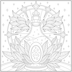 Beautiful angelic vial with gemstone and leaf decoration. Learning and education coloring page illustration for adults and children. Outline style, black and white drawing. © gurjigur