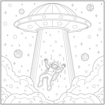 Fantasy flying space ship absorb astronout in the sky. Learning and education coloring page illustration for adults and children. Outline style, black and white drawing.