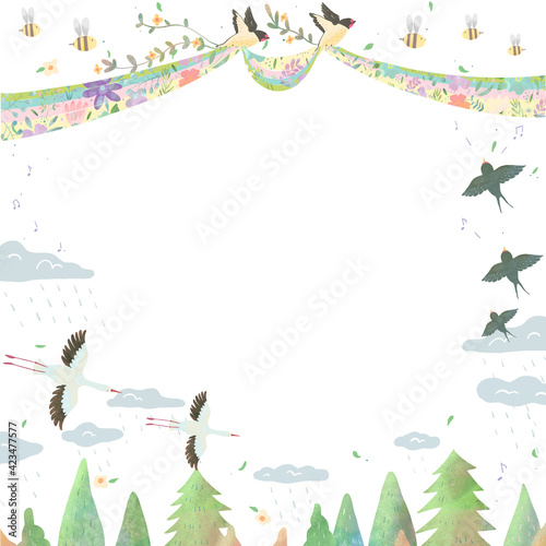 北欧風オシャレな空の風景と鳥たちの白バックの動物フレームイラスト Advertisement Poster Advertiseme Melchi