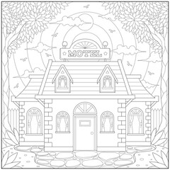 Amazing motel in the forest of peace can calm atmosphere and meditation. Learning and education coloring page illustration for adults and children. Outline style, black and white drawing.