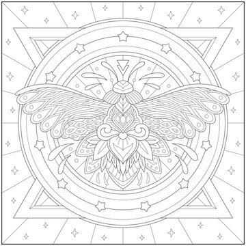 Fantasy moth with ornament and decoration. Learning and education coloring page illustration for adults and children. Outline style, black and white drawing.