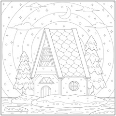 Lonely house in the tiny island with tree in the snowy season. Learning and education coloring page illustration for adults and children. Outline style, black and white drawing.