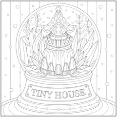 Fantasy souvenir tiny house inside the glass ball. Learning and education coloring page illustration for adults and children. Outline style, black and white drawing.
