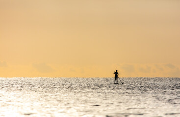 Fototapeta na wymiar A girl on a board with an oar floats on the sea