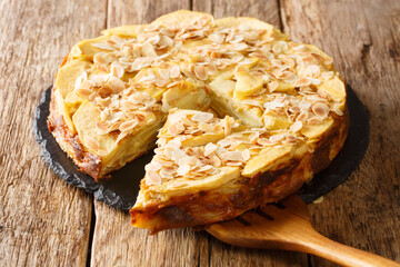 Invisible apple cake made from thinly sliced apples held together by a minimum of dough close-up on...