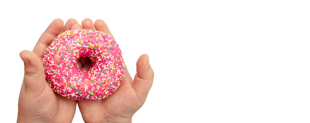 Red donut in hand on a white background.