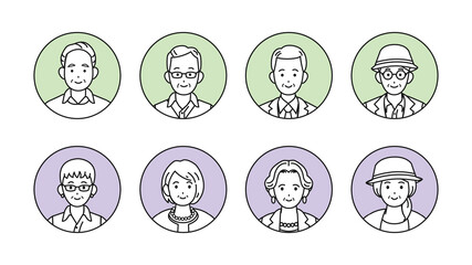 シニア　年配　高齢者　お年寄り　男女　人々　アイコン　セット　イラスト素材