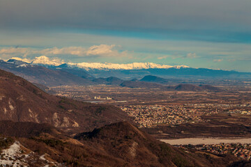 Ski mountaineering in the Alps over Pordenone, Friuli-Venezia Giulia, Italy