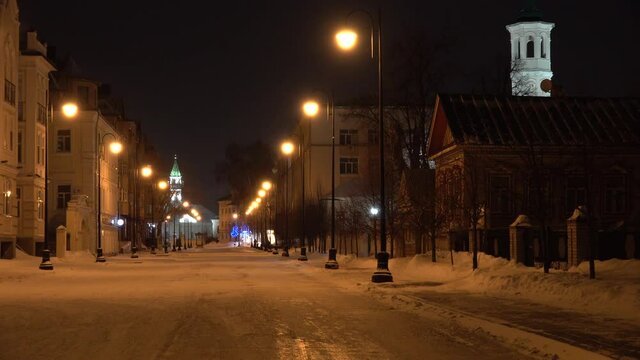 pedestrian street kayuma nasyri Kazan Tatarstan. Winter night. provincial street with a mosque and small houses. Nobody. High quality 4k footage. old Tatar settlement 