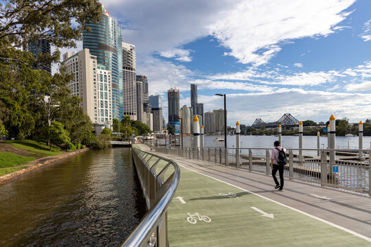 The iconic riverwalk and Brisbane Cityscape along the Brisbane River in Queensland on March 24th 2021