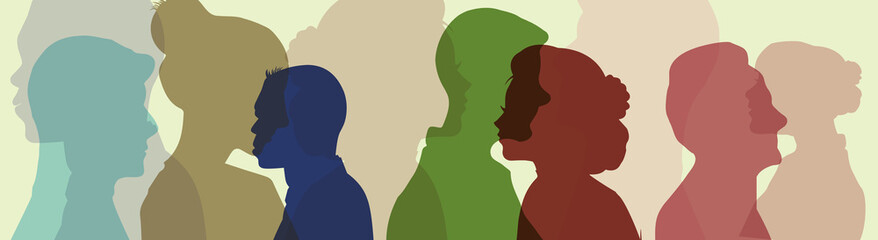 Abstract vector illustration of a diverse crowd of people. Concept of different skin colors and multiracial partnership at work or at home. Different ethnicity variation lifestyles with copy space - obrazy, fototapety, plakaty