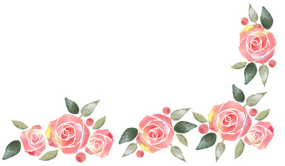 Watercolor floral frame composition with pink roses and leaves.