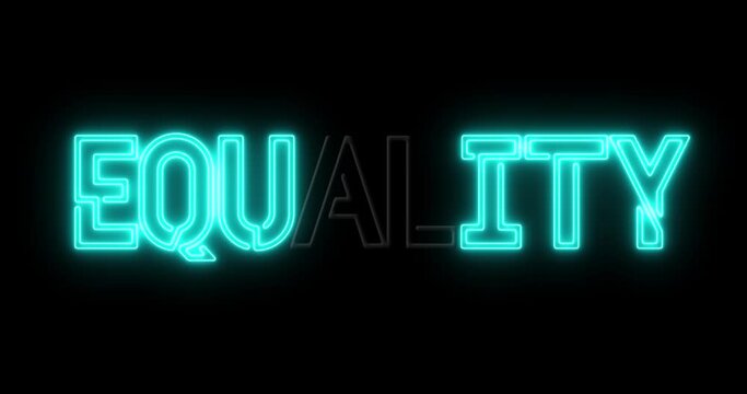 Text changing from EQUALITY to EQUITY on a black background stylized as a blinking neon blue text. Endlessly looping animation