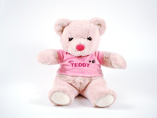 Teddy bear toy isolated on white background ,happy valentines day  ,teddy bear with pink ribbon and heart 