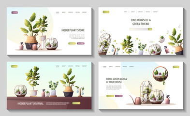 Set of web pages with Collection of houseplants. Florarium, home garden, greenhouse, gardening, plant lover concept. Vector illustration for poster, banner, website.