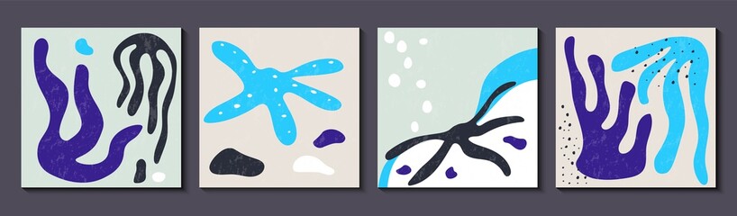 set of modern posters with an abstract composition of organic forms in a fashionable modern collage style, marine theme, used for wall decoration, greeting cards, corals, stars, fish, marine life