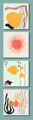 A set of modern posters with an abstract composition of organic forms in a fashionable modern collage style, marine theme, used for wall decoration, greeting cards, cover design, vector graphics, cora