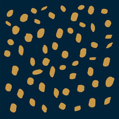 Doodle gold dots of different sizes on a dark blue background. Children's fashion beautiful background of textiles and clothing. Hand-drawn polka dots and dots. Yellow-gold dot isolated pattern. Vecto