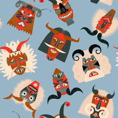 Busos.Traditional carved wood masks for The Busojaras (Hungarian, meaning “Buso-walking”) carnival procession in Mohacs, Hungary. Vector illustration Seamless background pattern. Vector illustration