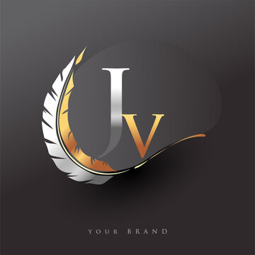 Initial letter JV logo with Feather Gold And Silver Color, Simple and Clean Design For Company Name. Vector Logo for Business and Company.